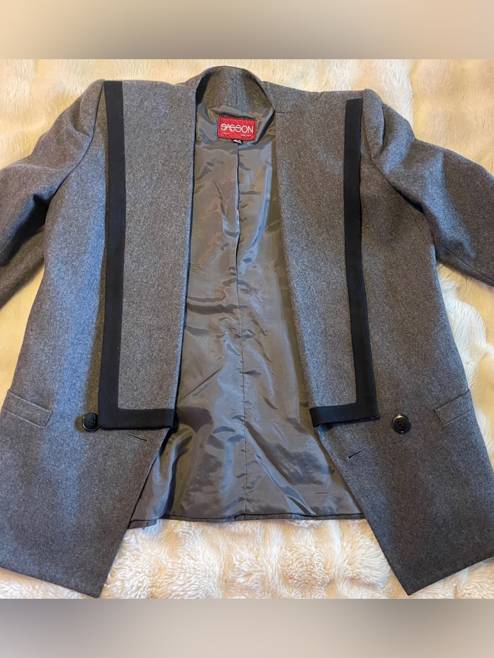 Vintage 1980’s Sasson Grey Wool Blend Blazer with Black Trim